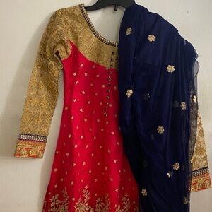 Elegant Red and Gold women’s Dress with Navy Accents
